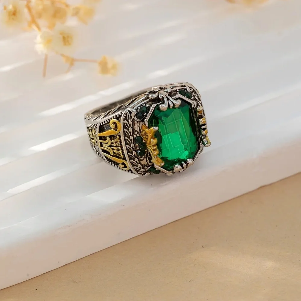 NEW Ottoman Empire Turkish Retro Large Emerald Silver 925 Ring - Picture 3 of 4